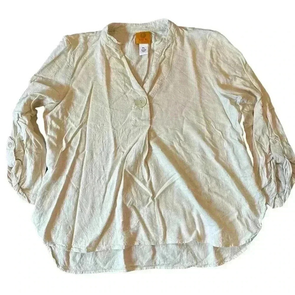 Women’s Ruby Road Cream Tan Linen Blend Shirt Tunic Top Size Large Petite - Picture 1 of 3